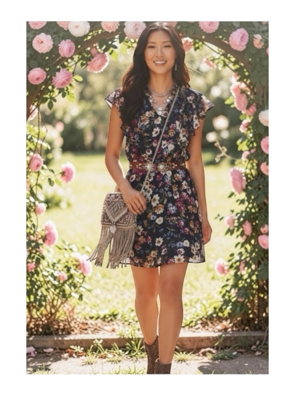 Parker 𑁍 Floral Silk A-Line V Neck Dress 𑁍 Scalloped Ruffles 𑁍 Navy 𑁍 XS 𑁍